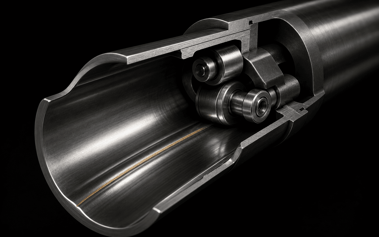 Conceptual cutaway of internal weld bead conditioning inside a stainless-steel tube