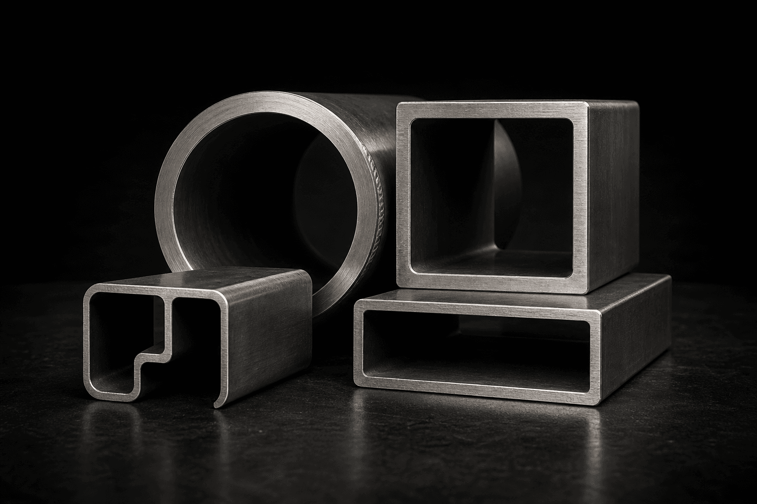Blackened-steel composition of round, square and rectangular stainless tube profiles