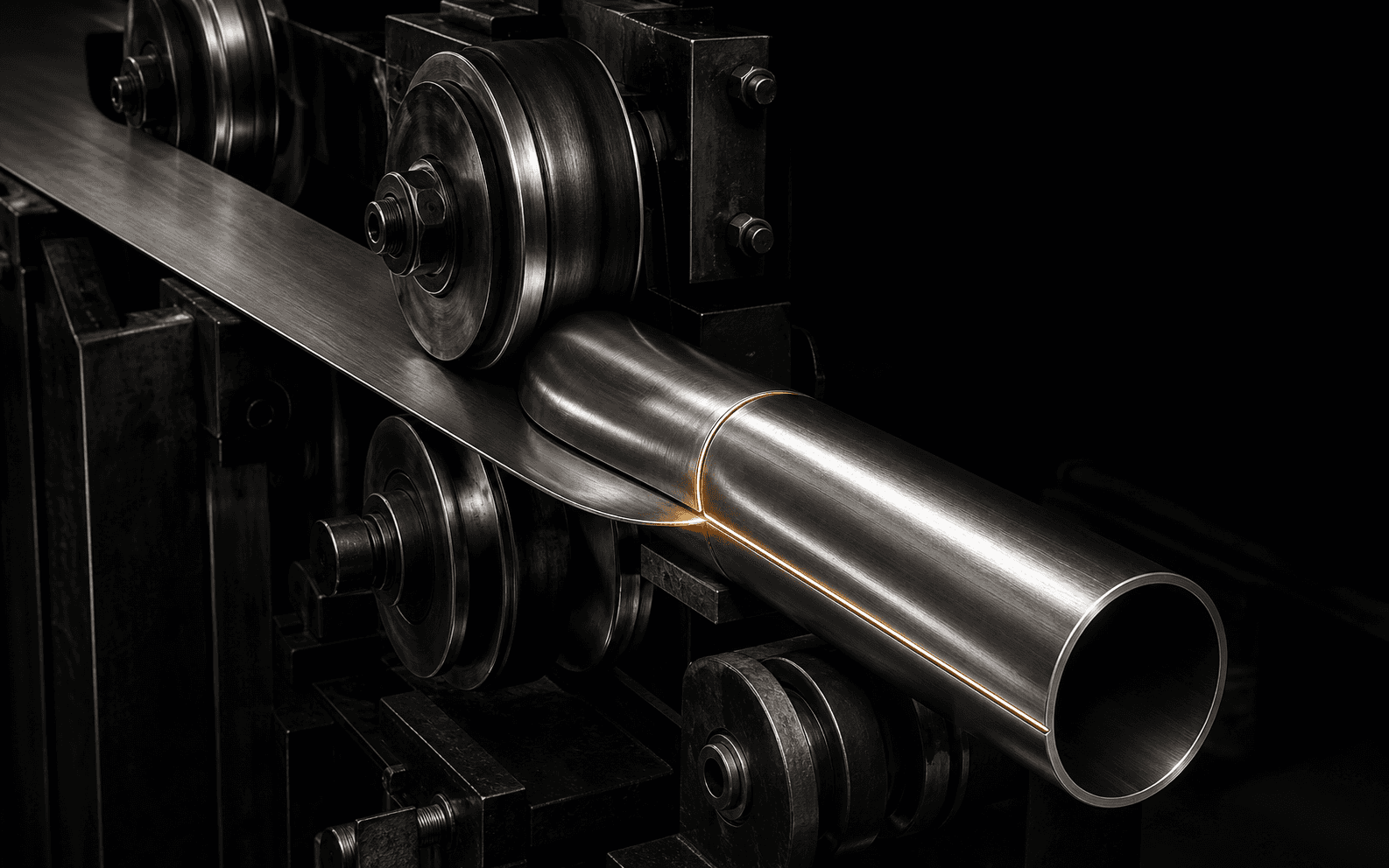Conceptual view of stainless-steel strip progressing through roll forming into tube